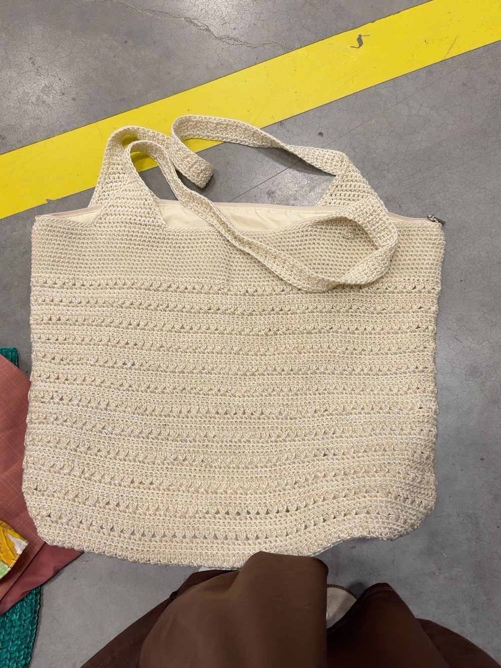 Cream Crochet Tote Bag with Top Zip - Everyday Shoulder Tote